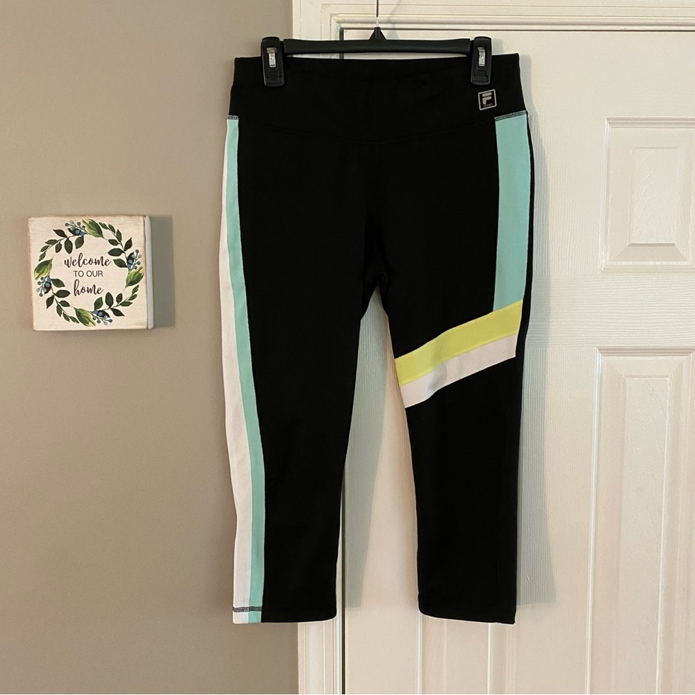 Fila Sport Athletic Workout Pants Capri Leggings Black White Yellow Blue Medium